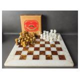 Vtg White & Brown Marble/ Quartz ? Chess Set +