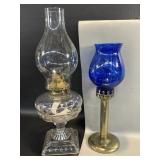 Vintage Oil Lamp & Brass Candle Holder w/ Blue
