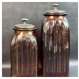 2 Amber Ribbed Glass Storage Jars