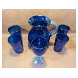 Hand Blown Cobalt Blue Pitcher, Tumbler and Stem