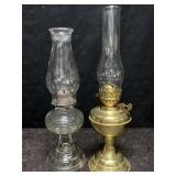 2 OIL/KEROSENE LAMPS BRASS DOUBLE WICK & GLASS