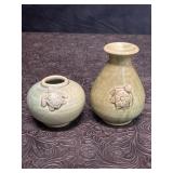 PAIR SMALL GREEN POTTERY VASES W/ RAISED SEA
