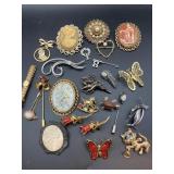 VINTAGE FASHION JEWELRY BROOCHES CAMEOS, ANIMALS,