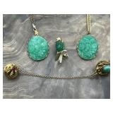 Carved Scarab Brooch Pins & Green Mold Pendants