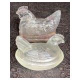 ANTIQUE GLASS HEN ON SAGGING BASKET CANDY HOLDER
