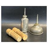 2 Small Vintage Thumb oilers oil cans + Wood