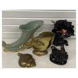 CERAMIC CORNUCOPIA VASE & UNICORNS W/ BRASS SHELL