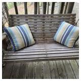 Weathered Wood Swinging Bench w/ Pillows