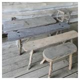 Lot of Rustic Log / Slab Benches w/ Table