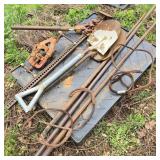 Pallet w/ Pipe Vise, Digging Bars, Shovels, & Jack