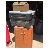Vtg Wooden Cabinet, Tote & S-K Tool Box