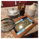 Rug Beater, Stained Glass Panel, & Old Jug Lot
