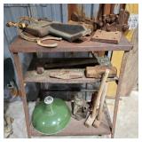 Table of Misc: Hammerheads, Pipe Vise, Barn Lamp