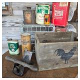 Rooster & Metal Crate w/ Old Product / Grease Tins