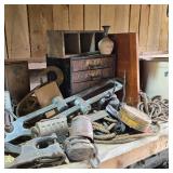 Lot of Antiques w/ Tins & Crock in Front Room