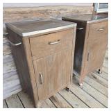 Retro 60s Stainless-Top Rolling Metal Cabinet Pair