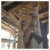 Ice Tongs w/  Decorative Tomahawks on Wall