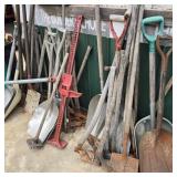 Large Lot w/ Shovels, Tools, & Red Farm Jack