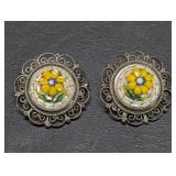 Vintage Micro Mosaic Filagree Clip Earrings