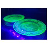 2 Cabbage Rose Uranium Glass Plates UV Reactive