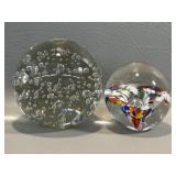 2 Blown Glass Paperweights, Clear Bubble & Multi