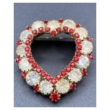 VINTAGE RED & CLEAR CRYSTAL HEART BROOCH