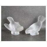 Pair Lalique Frosted Crystal Sparrow Figurines