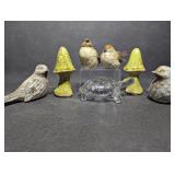 Bird Figurines , Rustic Ceramic Mushrooms, Glass