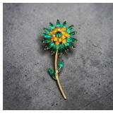 Vintage Flower Stem Brooch Emerald Style Glass