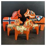 5 Swedish Dala Horses Hand Painted Wood