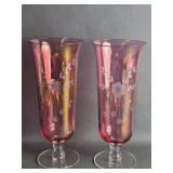 Czech Cranberry  Flash Glass Vases Etched Floral