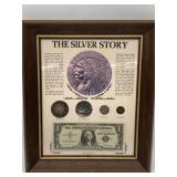 THE STORY OF SILVER FRAMED SILVER DOLLAR, NICKEL,