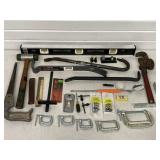 TOOLS PRY-BARS, LEVELS, PIPE WRENCH, C-CLAMPS &