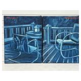 Pair Original Paintings on Canvas Blue Patio
