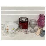 OVENWARE PIE PAN, VASES, 1/2 HOUR GLASS, GLASS