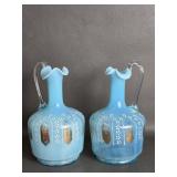 Pair of  Blue Opaline Bohemian Ewers Hand Painted