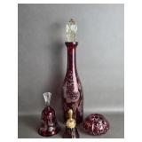 Czech Ruby Cut to Clear Glass Decanter Bell &