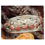 A Edsitty Navajo Sterling Silver Cuff Coral Chunk