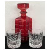 Red Glass Decanter & 2 Glencairn Crystal Lowball