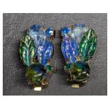 Vintage Carved Leaf Rhinestone Earrings , Ciip-on
