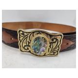 Vtg Brass & Abalone Belt Buckle on Western Belt