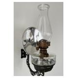 Oil Lamp w Cast Iron Holder & Reflector Antique