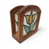 Vtg Stained Glass Napkin Holder Oak Tulip
