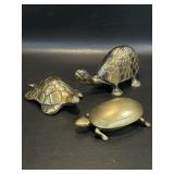 3 Small Brass Turtles , Trinket Box +
