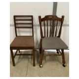 2 WOOD SIDE CHAIRS ONE W/ WHEELS