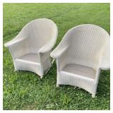WHITE WICKER & WOOD FRAME OUTDOOR ROCKER & CHAIR.