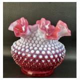VTG Fenton Cranberry Opalescent Hobnail Vase