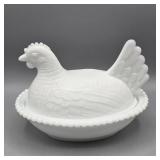 INDIANA MILK  GLASS HEN ON NEST