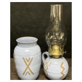 VINTAGE BLUE SOUTHWESTERN POTTERY OIL LAMP &