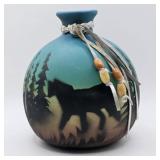 NATIVE AMERICAN STYLE WOLF CERAMIC VASE 5' TALL